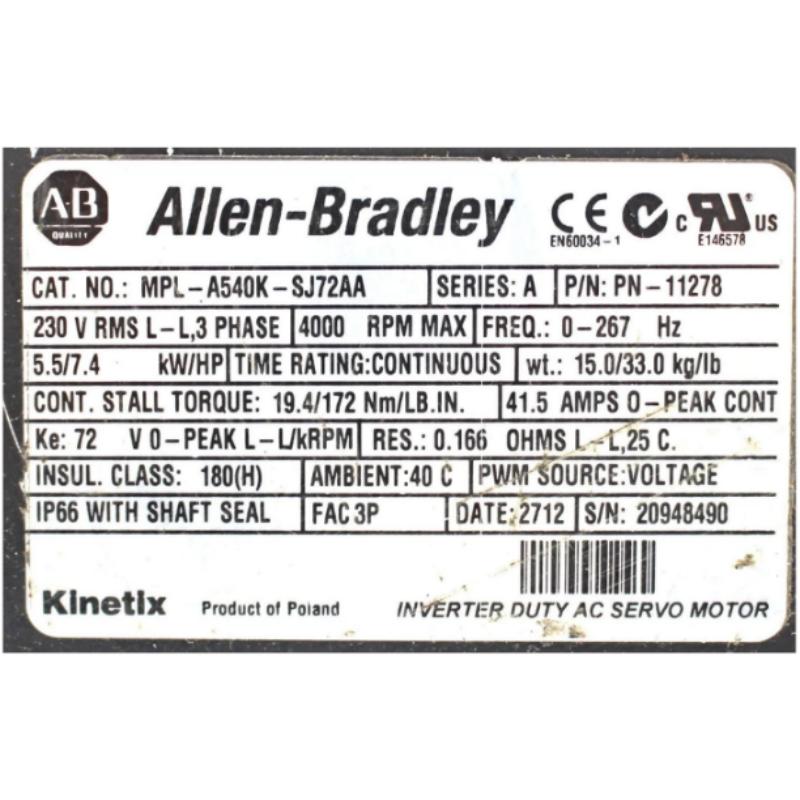 Allen Bradley MPL-A540K-SJ72AA Servo Motor