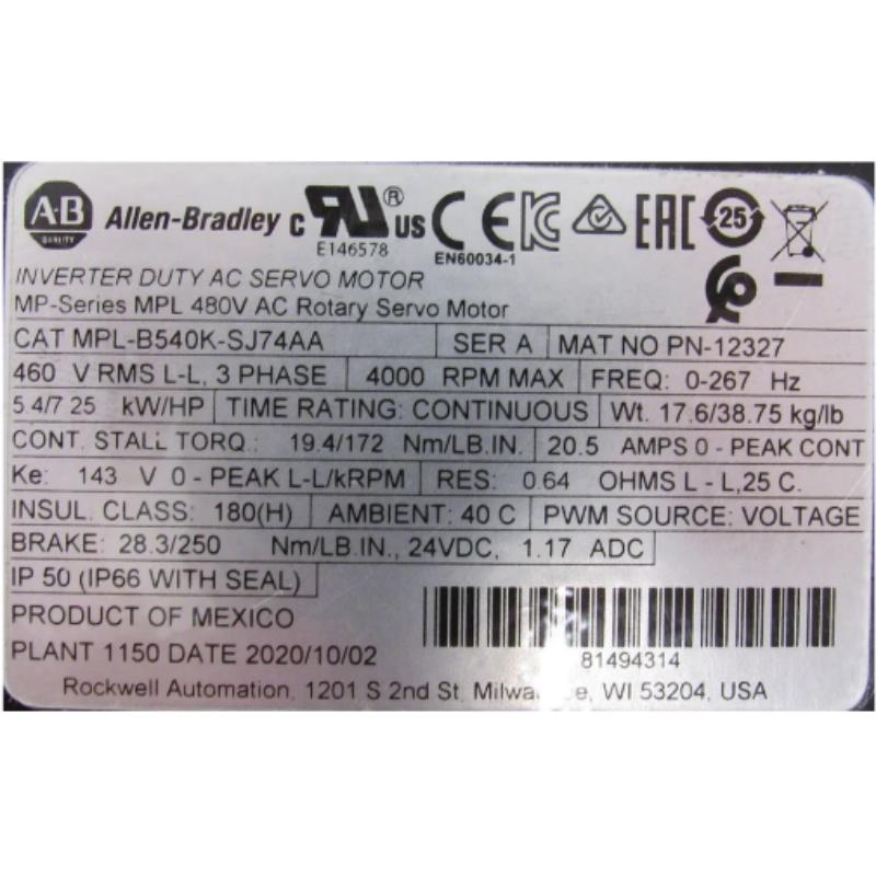 Allen Bradley MPL-B540K-SJ74AA Servo Motor