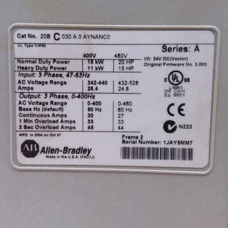 Allen Bradley 20BC030A0AYNANC0 PowerFlex 700 AC Drive